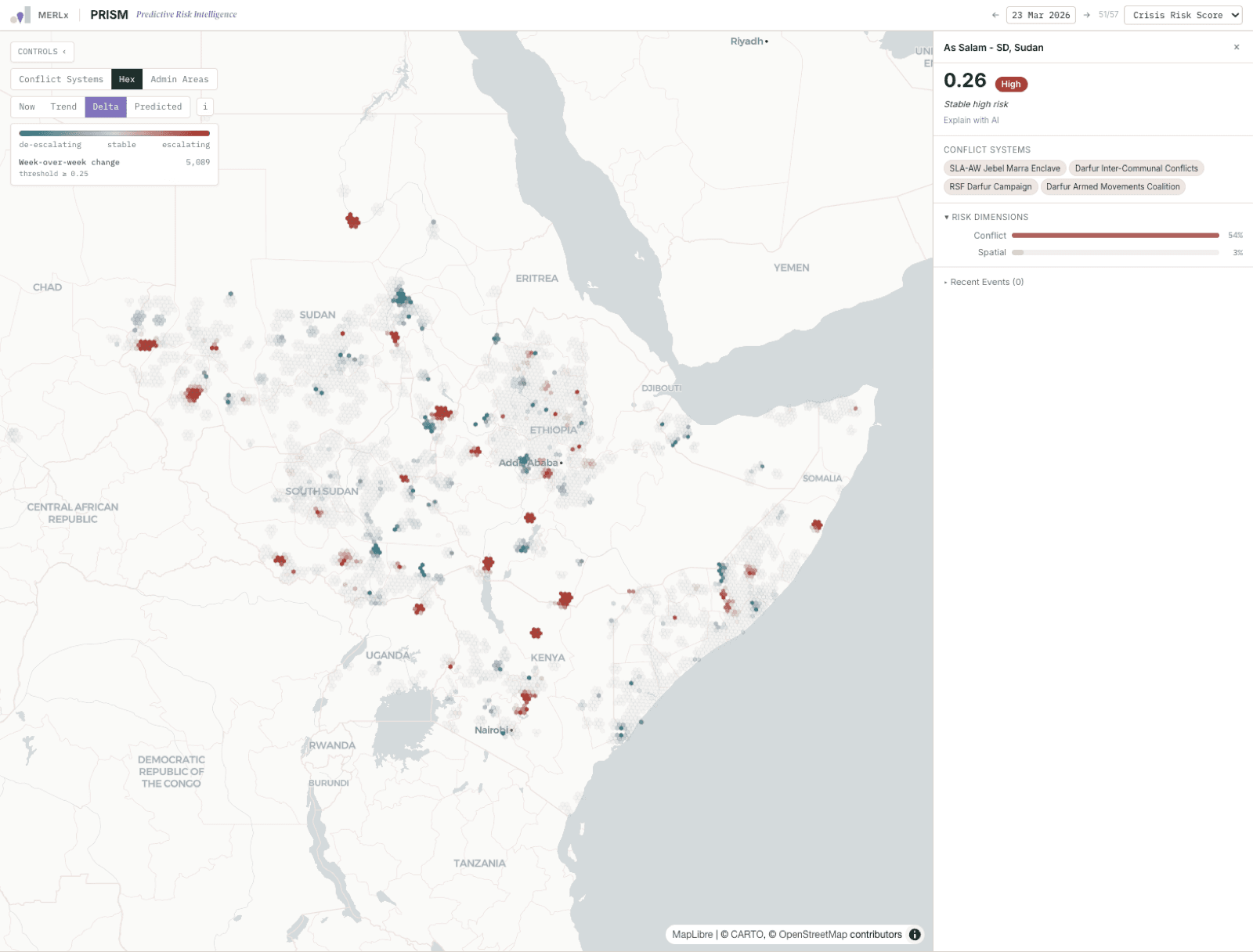 PRISM screenshot 1: PRISM · compound risk across Sudan and the Horn of Africa with cell-level detail
