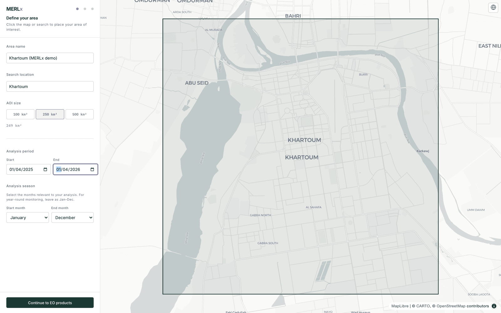 Aperture screenshot 2: Click-to-place area of interest · 250 km² over Khartoum