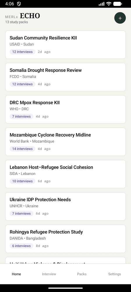 ECHO screenshot 1: Home · study packs