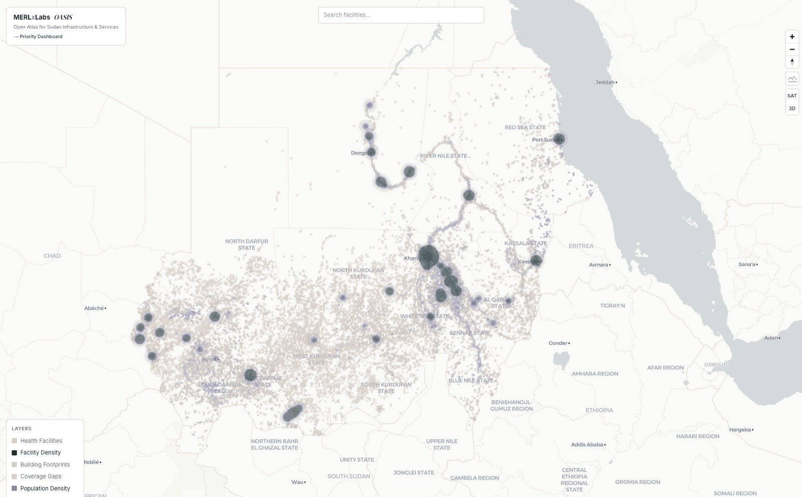 OASIS screenshot 1: Country view: facility density and population layer across Sudan